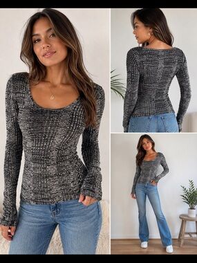 Ambiance Black and White Textured Ribbed Sweater Top